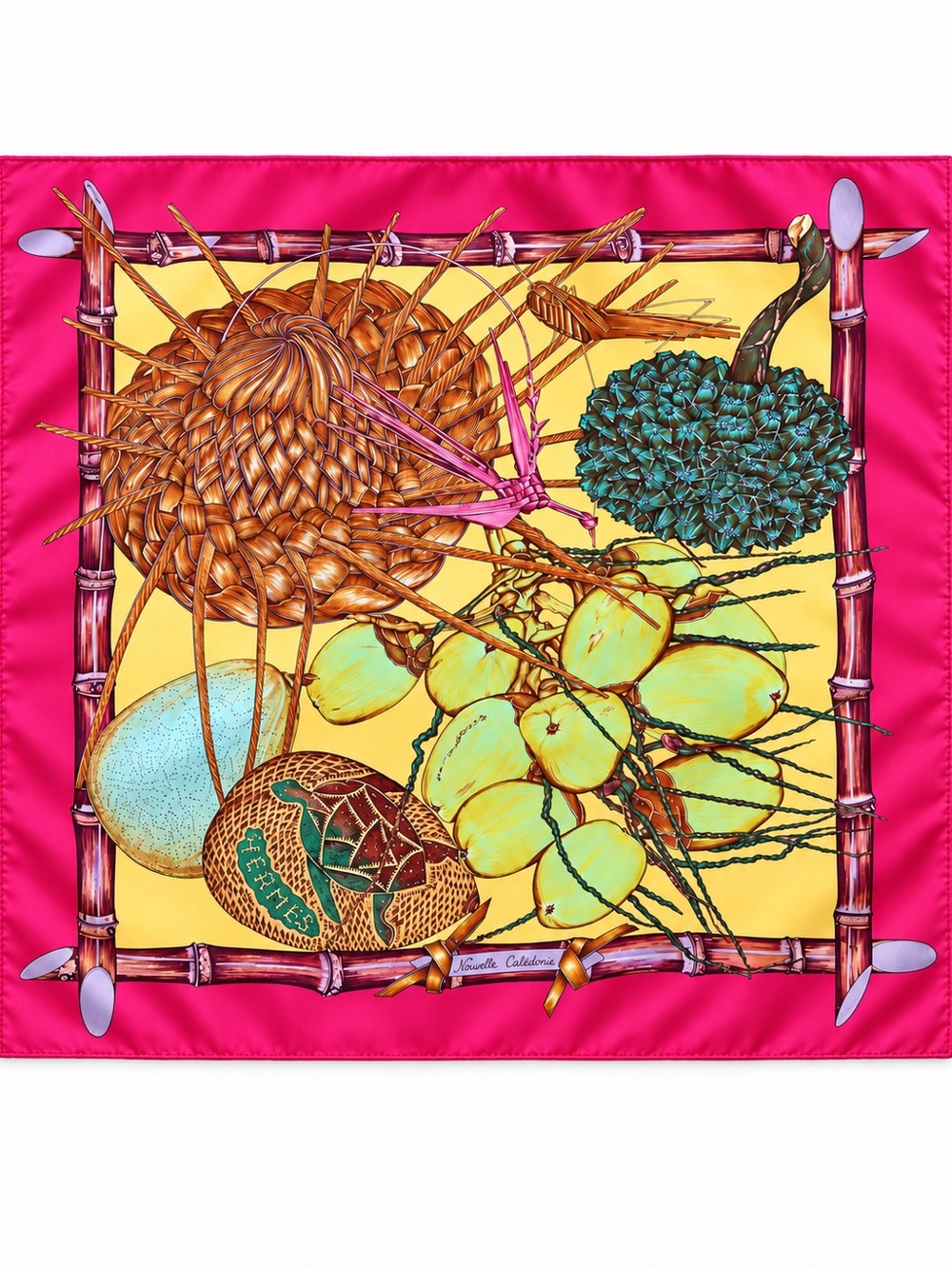 Authentic Hermès Silk Scarf 90 Nouvelle Calédonie Fuchsia/Yellow - Excellent